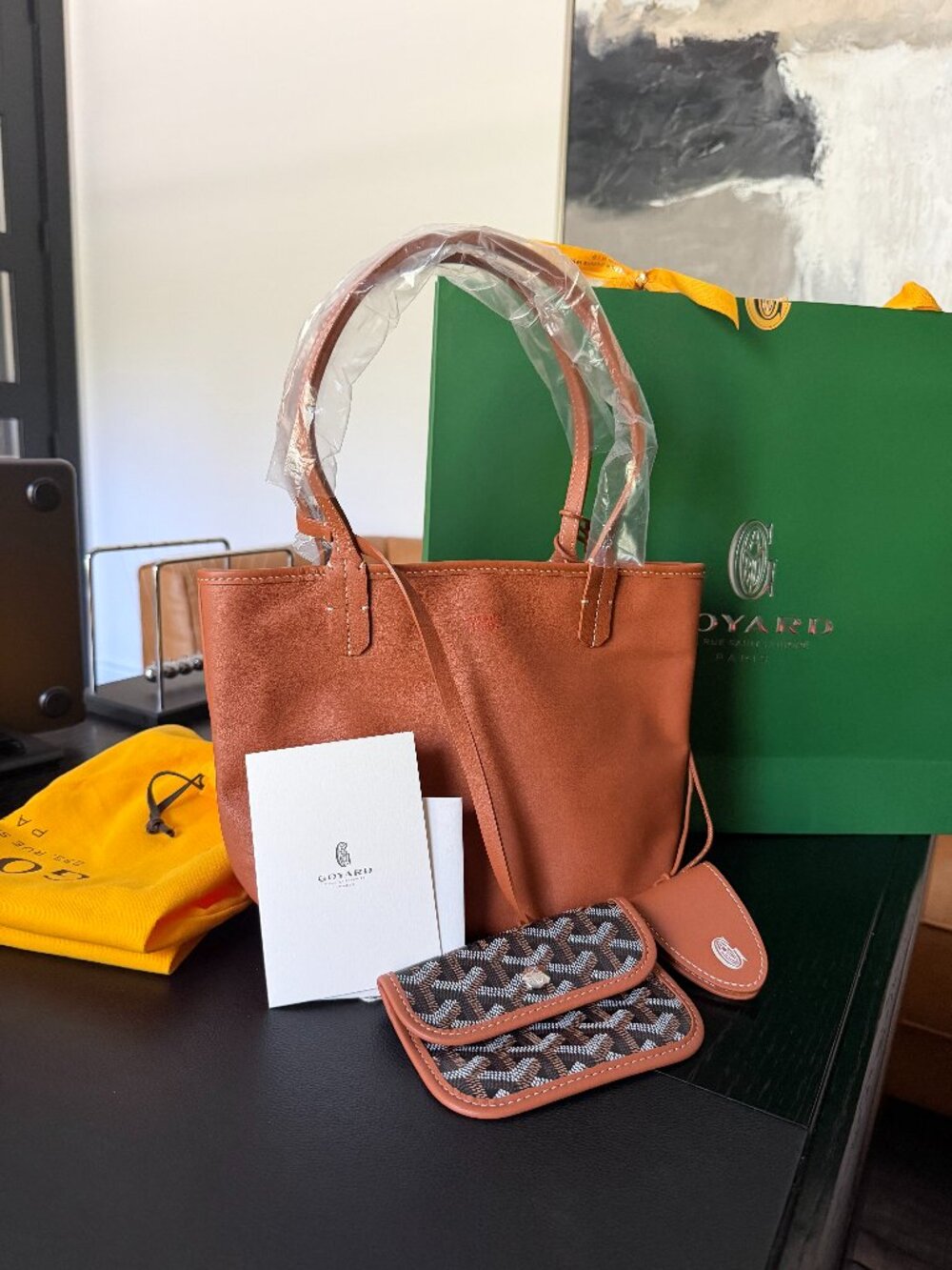 NEW with Tags! Goyard Anjou Mini Tote Black/Tan Reversible Leather Lined